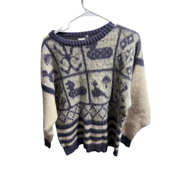 Alafoss Icewool Icelandic Wool Sweater L Blue Cream Nordic Animal Pattern VTG - Picture 13 of 13